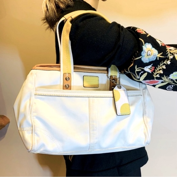 COACH Hampton Nylon Sateen Leather Handbag, ivory and yellow - Picture 6 of 7